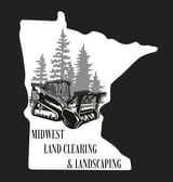 Midwest Land Clearing and Landscaping logo featuring Minnesota state outline with pine trees and heavy equipment