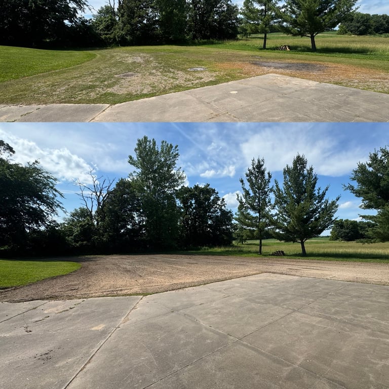 Before and after comparison of concrete parking area restoration, showing bare ground transformed into clean, finished surface at a park
