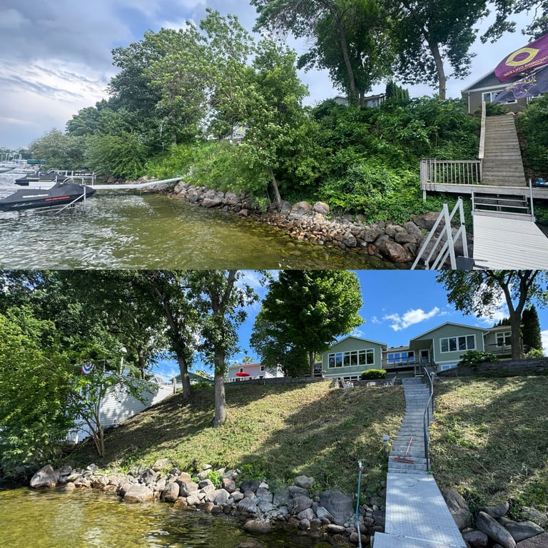 Waterfront home with dock, boats, and green landscaping shown in two views from different angles