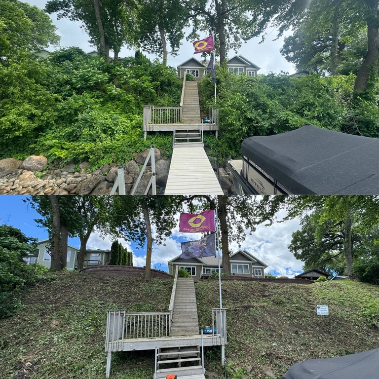 Two views of a residential wooden dock and boardwalk leading from a lakeside platform to homes nestled among trees