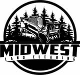 Midwest Land Clearing logo featuring a bulldozer and evergreen trees in a circular black and white emblem