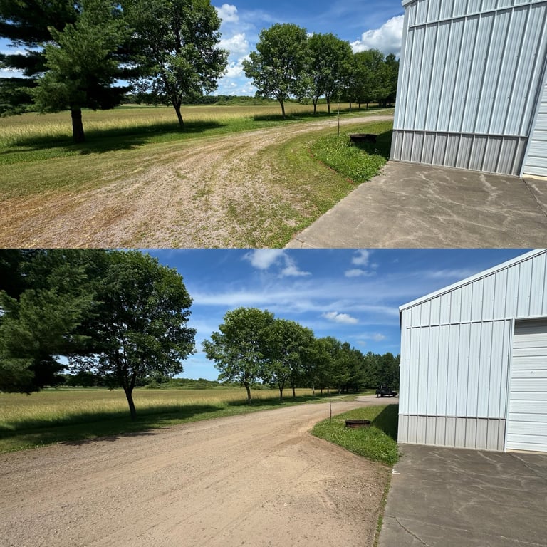 Before and after comparison of a rural property with dirt driveway, metal barn, green pastures and trees.
